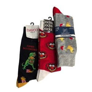 NWT Mens Novelty Crew Socks 3 Pair Lot Muppets Animal Dinosaur George Davco 6-12